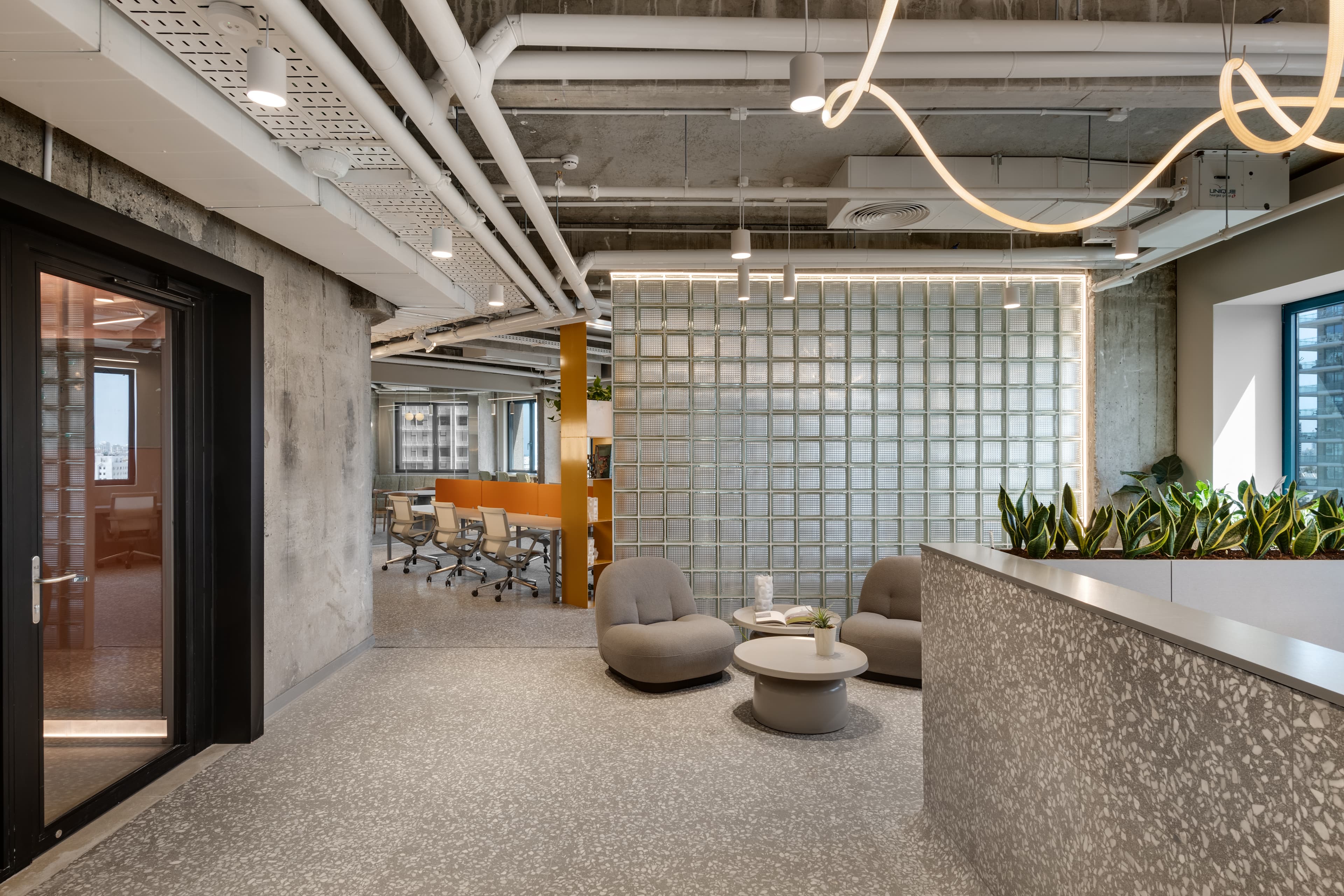 LYN Tower — reception with glass block wall
