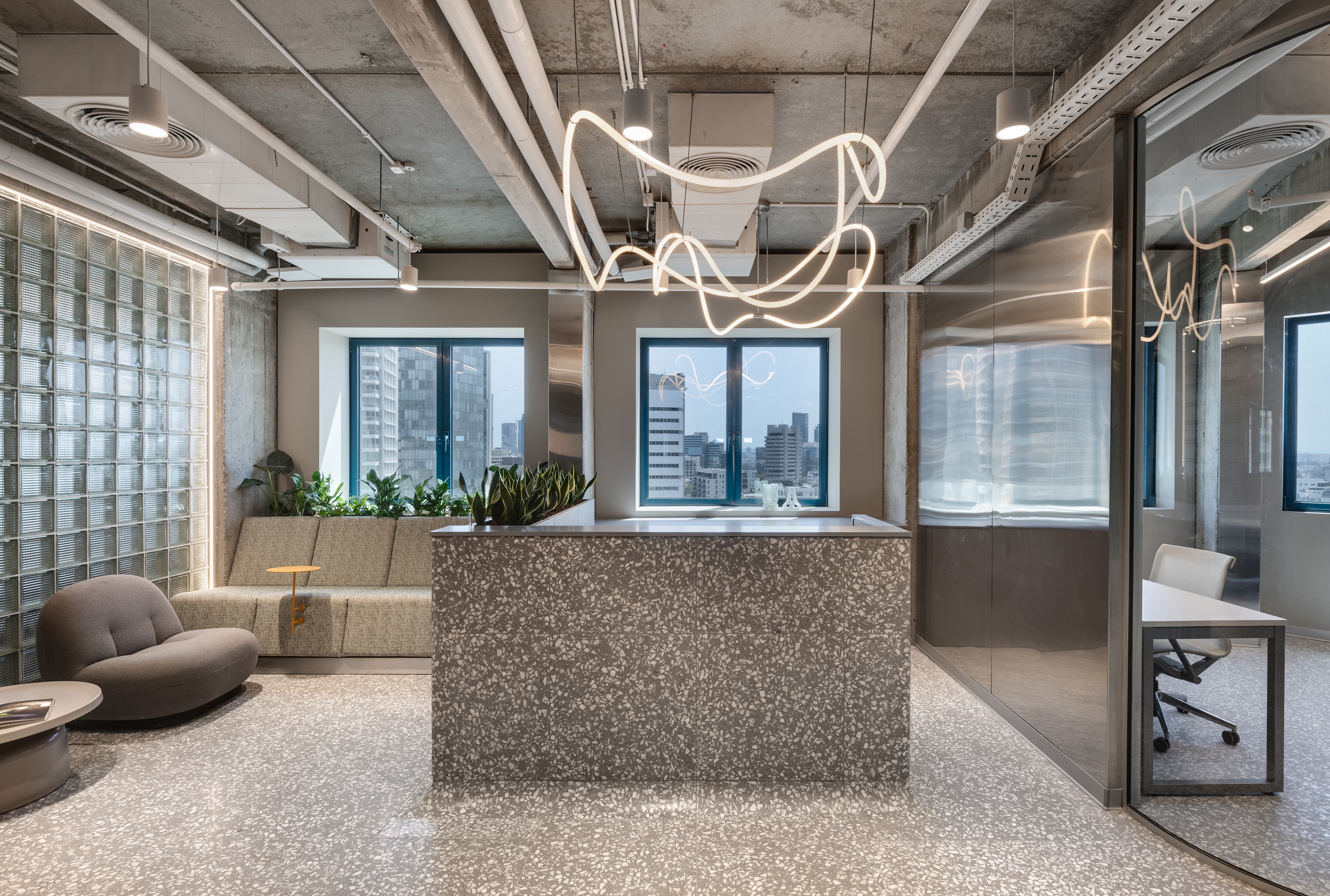 LYN Tower Office — reception area with glass block wall