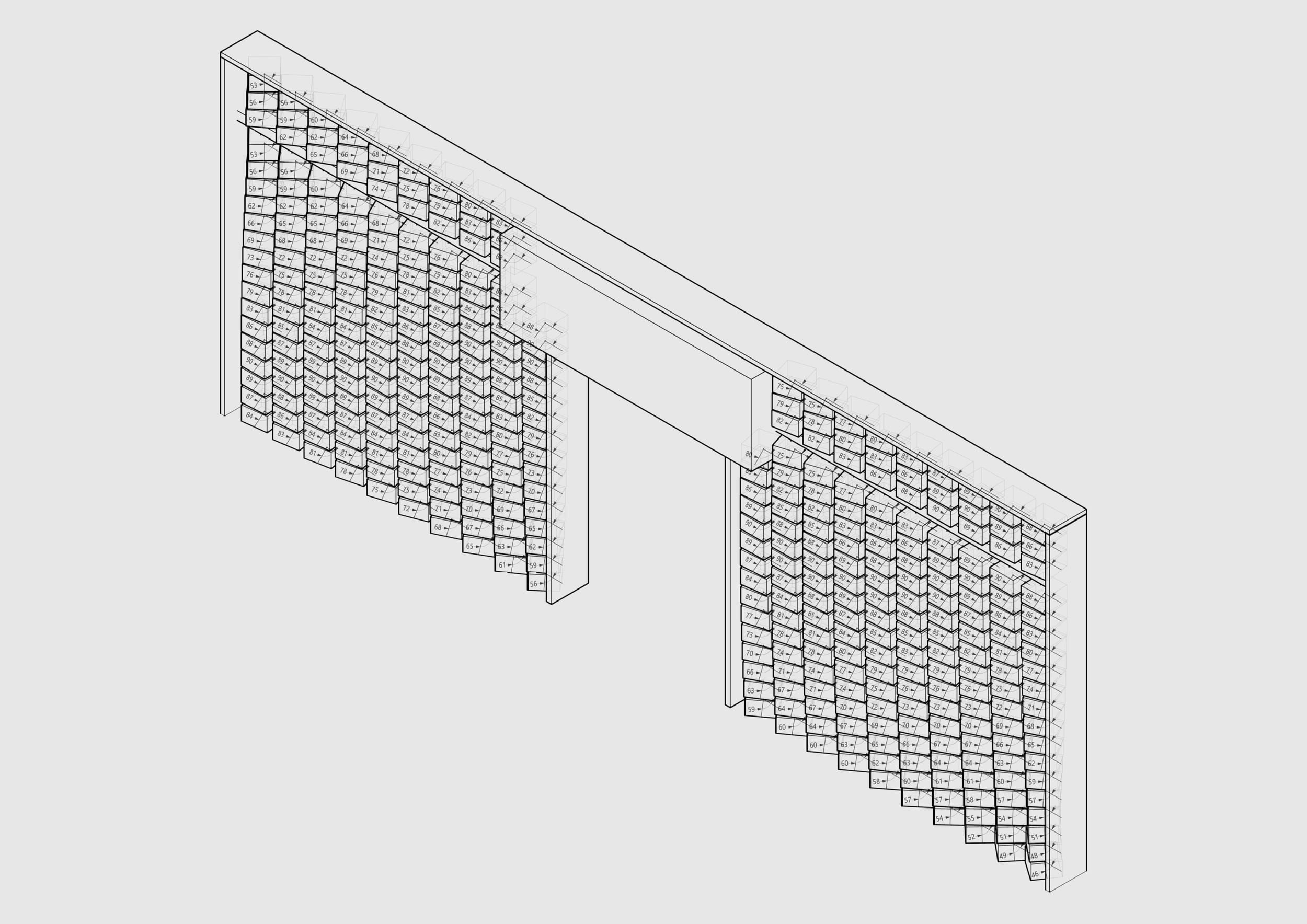 Tel Ad Facade — concrete block rotation and parametric module system diagram
