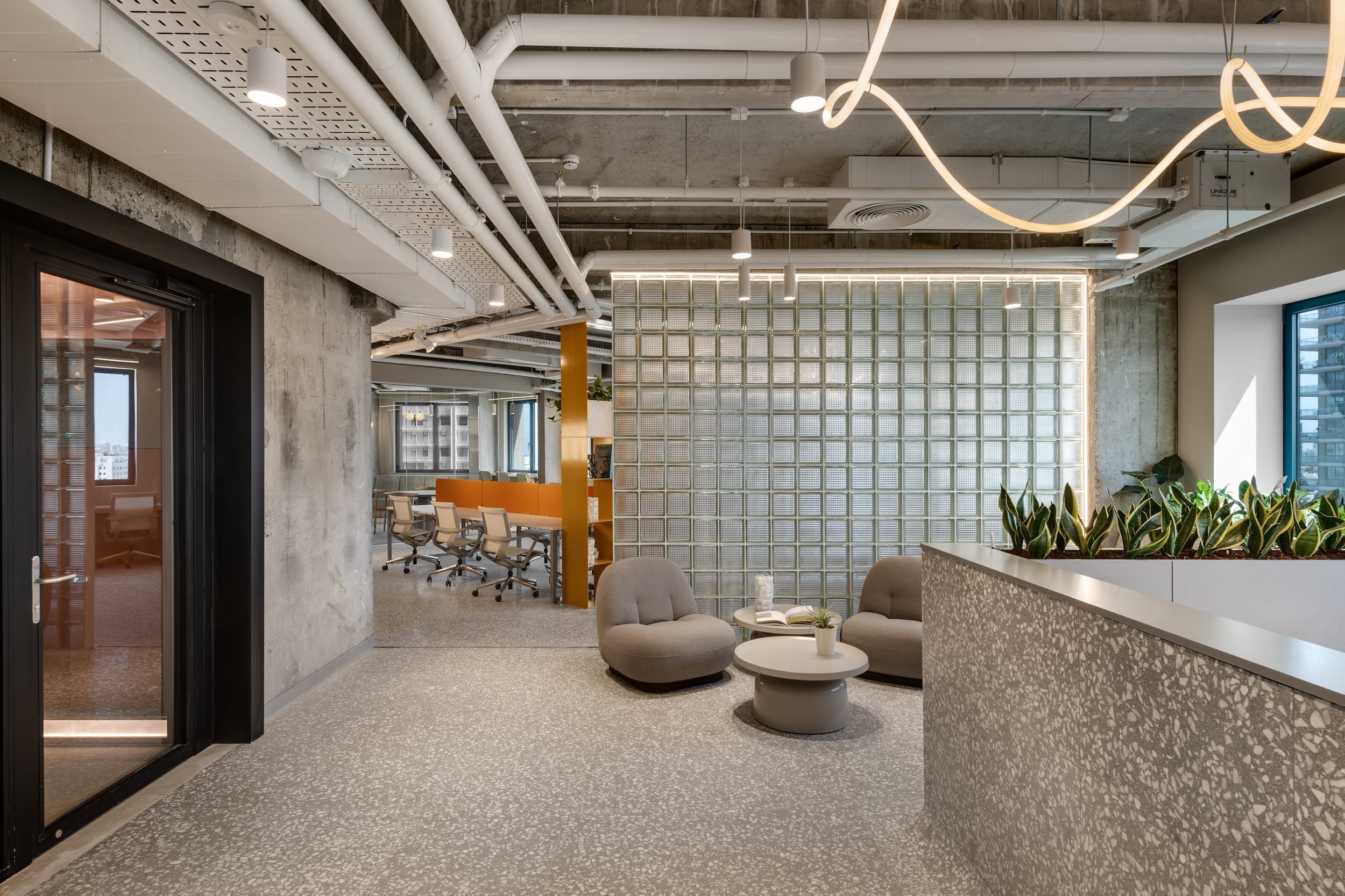 LYN Tower — reception with glass block wall