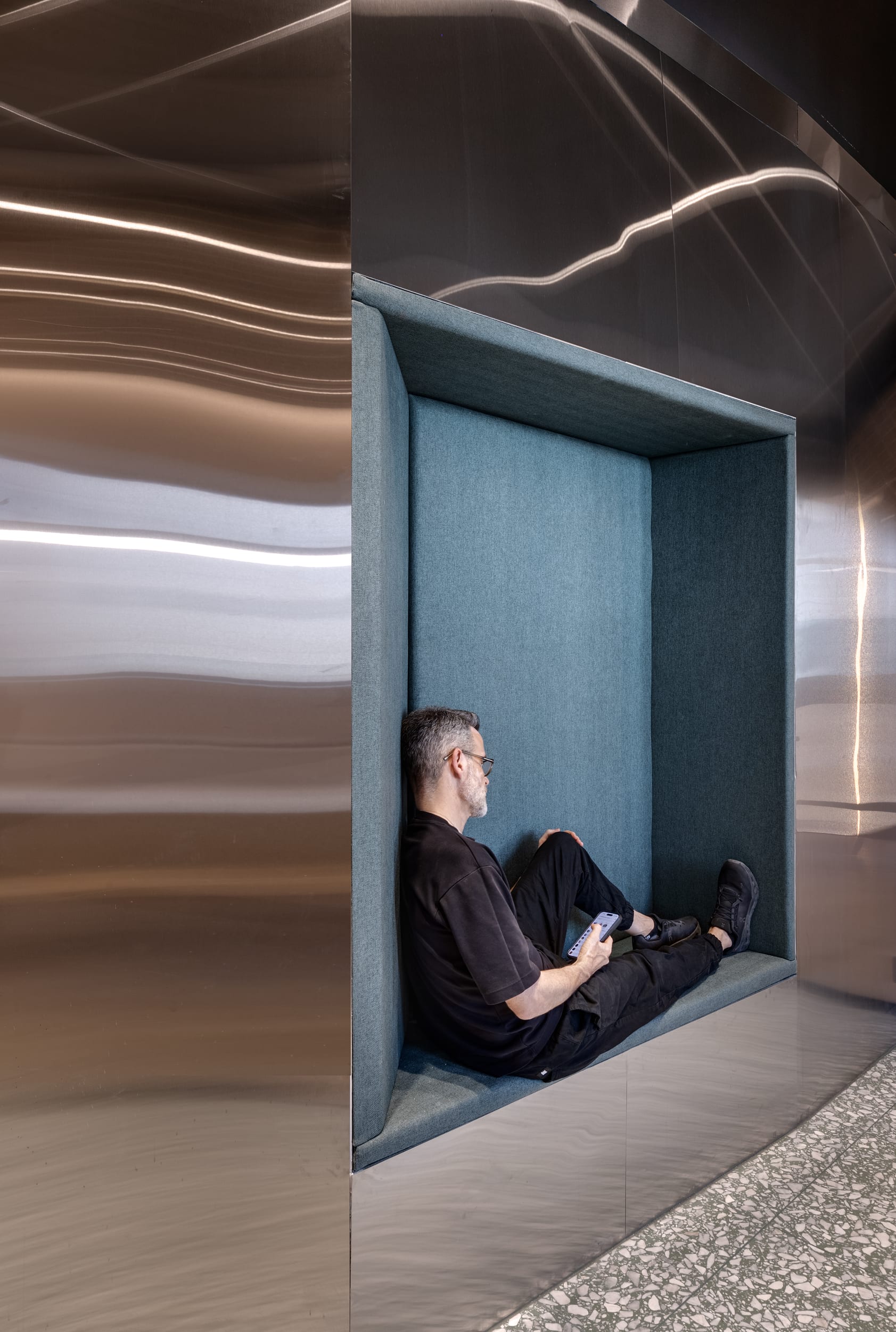 Tel Ad Office — office cube entrance and stainless steel facade